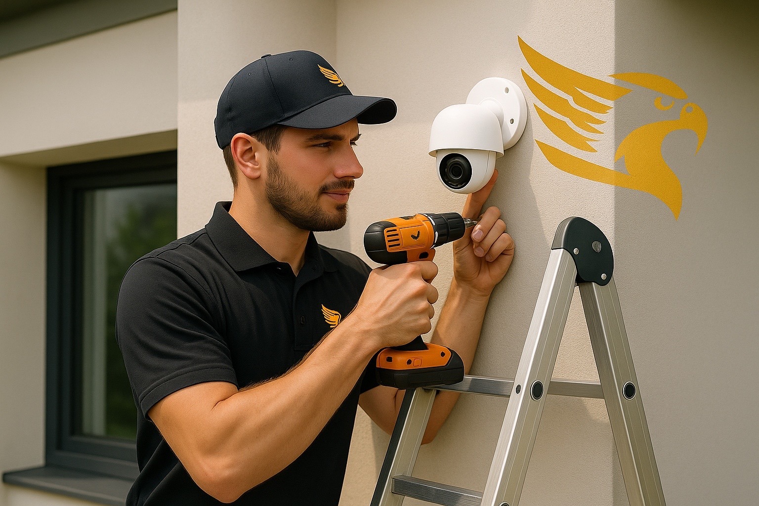 Technician installing a security camera